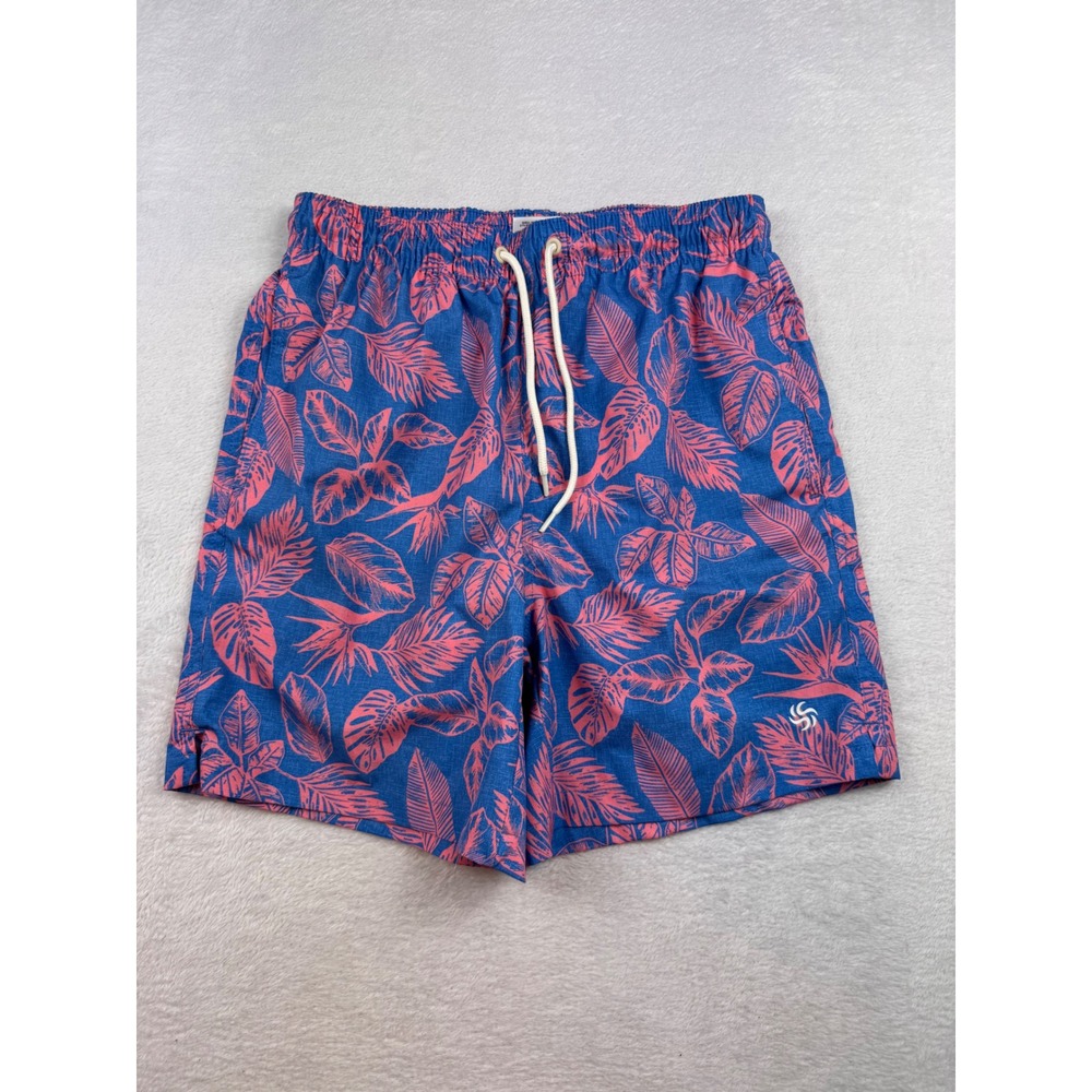 Sol Borne Mens Small Swim Trunks Blue Pink Tropical Leaf Print Mesh Lined 5" In